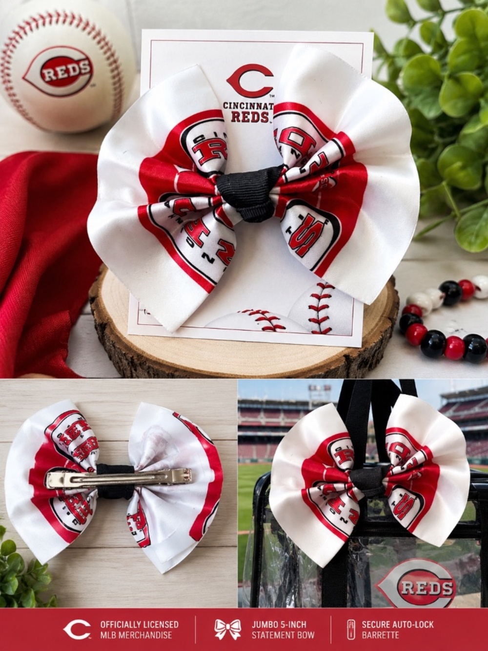 Cincinnati Reds MLB Jumbo Hair Bow Barrette Red Logo Game Day NWOT